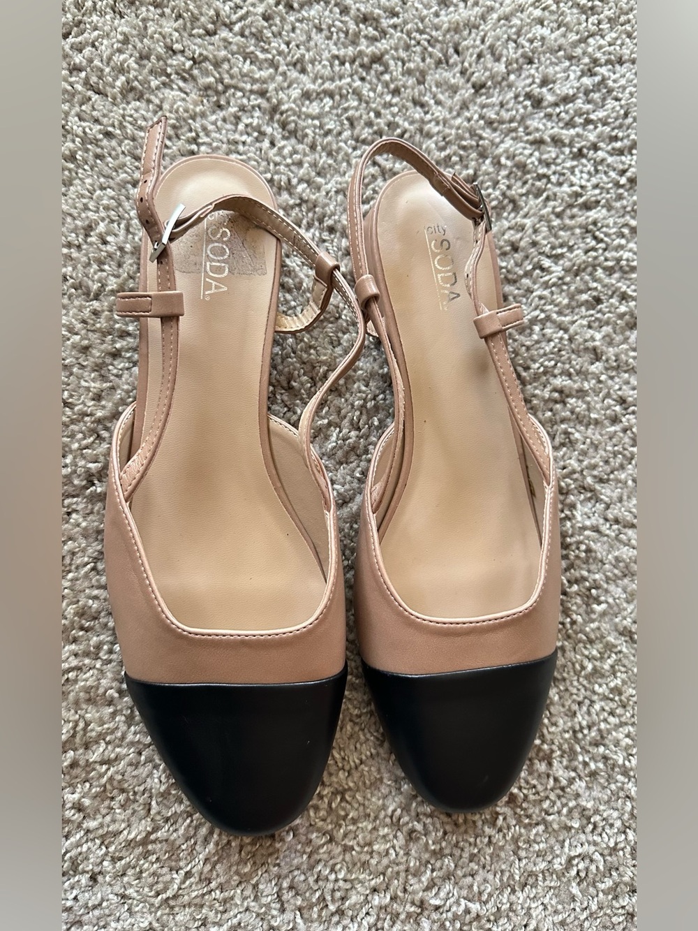 Soda Two-Tone Nude and Black Slingback Mules